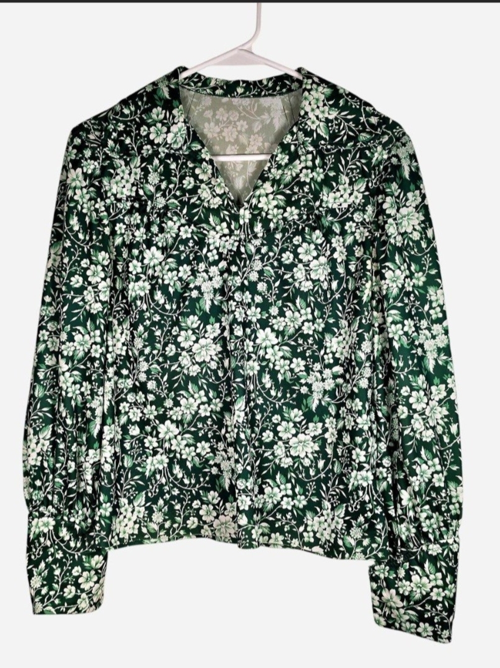 VTG 70s Green Floral Ditsy Print Blouse Long Sleeve Boho Cottagecore Top Medium